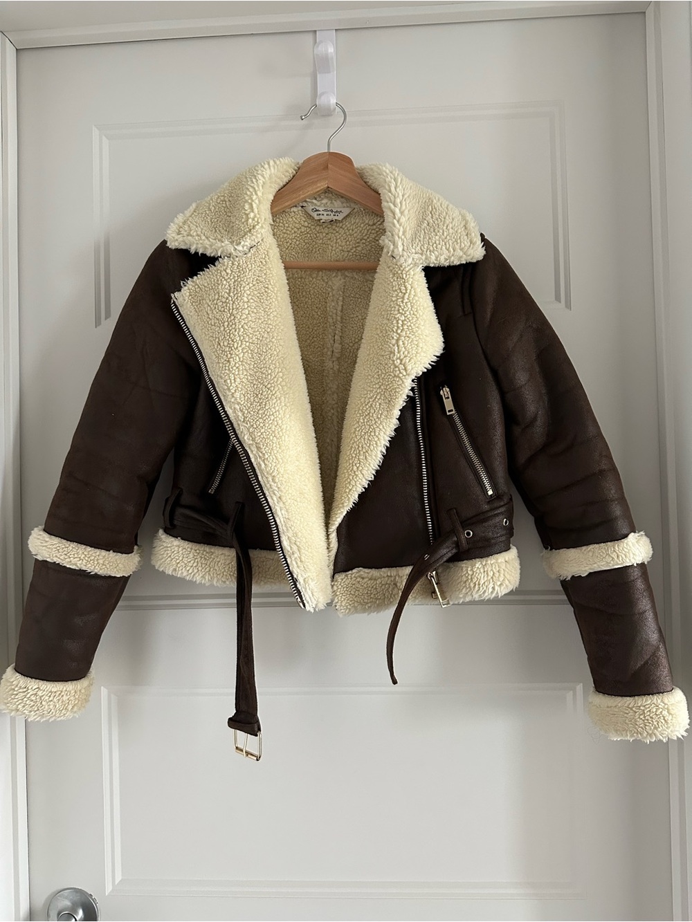 Miss Selfridge Shearling Aviator Jacket – Brown & Cream